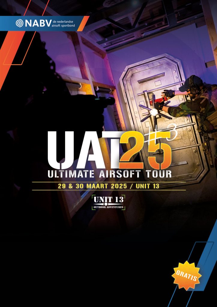 Poster voor de Ultimate Airsoft Tour met airsofters bij Unit13 in Nuth